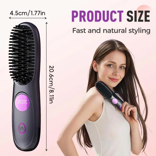 Miniatura 6 de Cepillo alisador de pelo inalámbrico, mini cepillo portátil para alisar el cabello con 3 ajustes de temperatura y pantalla LED, cepillo recargable