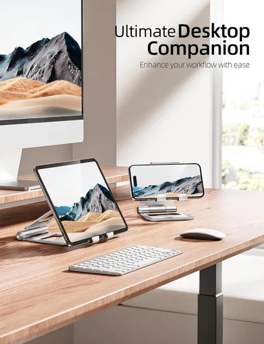 Miniatura 5 de Nulaxy Soporte plegable doble de aluminio para iPad, soporte para tableta de escritorio totalmente ajustable, accesorios para tableta de oficina