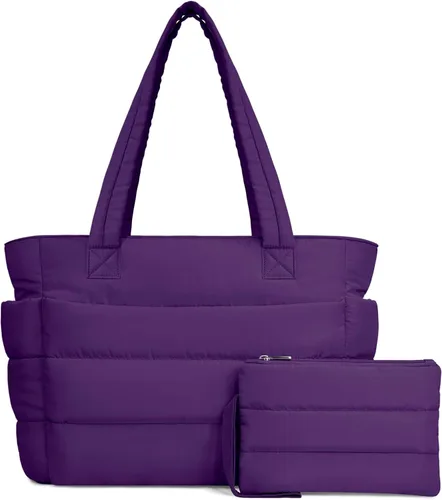 Miniatura 36 de TOPDesign Bolsa Tote Acolchada para Mujer, Bolso de Mano Ligero Inflado con Compartimentos, Bolsa de Hombro Acolchada para Trabajo, Viajes, Gimnasio