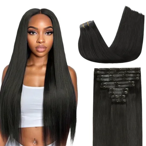 Miniatura 17 de Lashey - Extensiones de cabello con clip sin costuras, de cabello humano real, 7 unidades, 110 g, 14 pulgadas, color negro natural, lacio