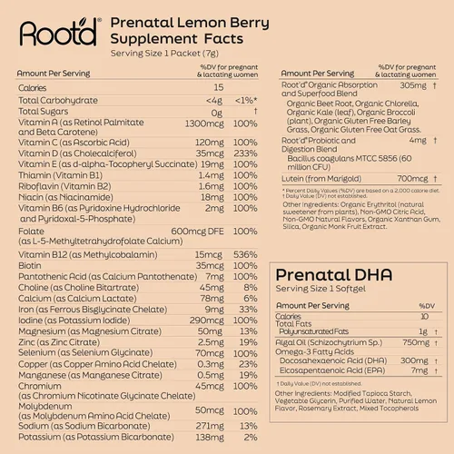 Miniatura 6 de Root'd DHA prenatal + polvo multivitamínico para apoyo al embarazo, desarrollo fetal, hidratación y refuerzo inmunológico, vegano, sin OMG, sin
