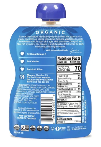 Miniatura 2 de Mamma Chia Snack Exprimible Prebiótico Orgánico, Arándano Acai, 16- 3.5 Onzas, Soporte Intestinal Prebiótico Rico en Fibra, USDA Orgánico, Sin OGM