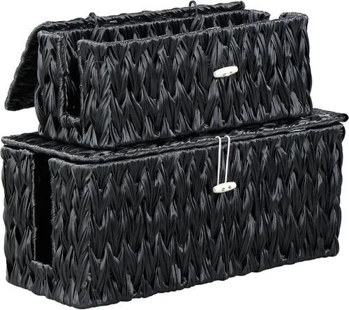 Coeusy Caja organizadora de cables negra, paquete de 2 cajas organizadoras de cables de ratán grande y mediana para regleta de alimentación, 2