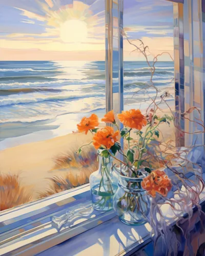 Kit de pintura de flores de paisaje de ventana por números, lienzo de 16 x 20 pulgadas, pintura al óleo para niños, estudiantes, adultos Pbn ventana