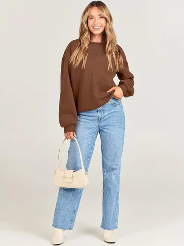 Miniatura 9 de ANRABESS Sudadera de manga larga para mujer, casual, cuello redondo, ajuste holgado, sudadera con capucha de forro polar para otoño