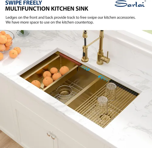 Miniatura 5 de Sarlai Fregadero de Cocina Dorado Bajo Encimera de 33 Pulgadas Doble Tazón 33 x 19 Pulgadas Bajo Dividido Dorado Estación de Trabajo Fregadero Doble