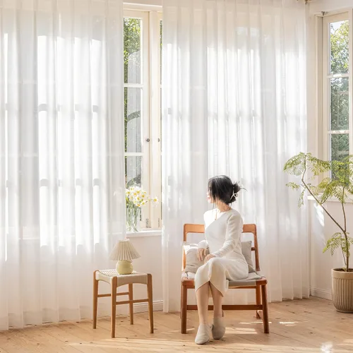 Miniatura 2 de 2 paneles de cortinas traslúcidas blancas de 54 pulgadas de largo, paneles transparentes de lino con textura para ventana, cortinas plisadas
