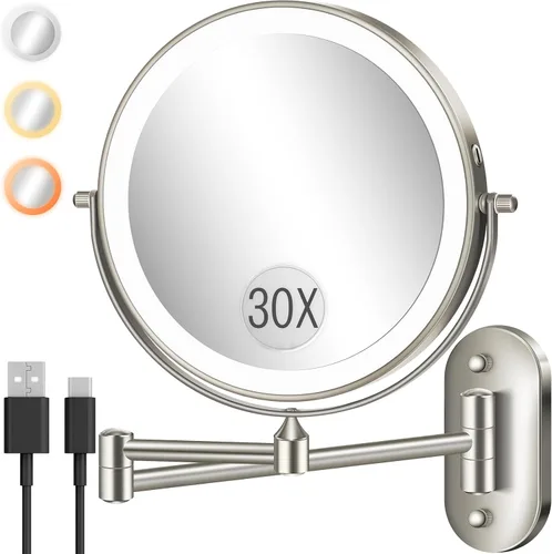 Miniatura 9 de Espejo de maquillaje montado en la pared con luz, 20X/1X 20,3 cm espejo doble cara LED con aumento para baño, espejo de tocador iluminado