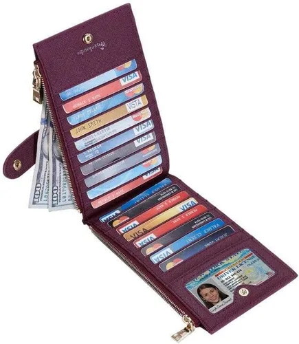 Miniatura 2 de Travelambo Billetera para mujer con bloqueo RFID plegable para múltiples tarjetas con bolsillo con cremallera, Rojo vino, Minimalista