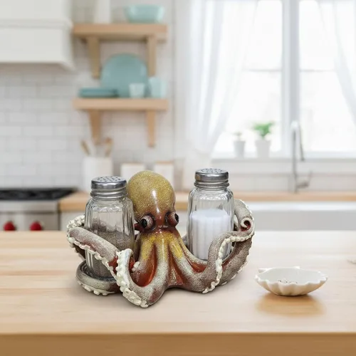 Miniatura 6 de Comfy Hour Dúo decorativo de salero y pimentero de pulpo, hecho a mano artesanal, soporte para mesa de cocina, incluye 2 botellas de vidrio, resina