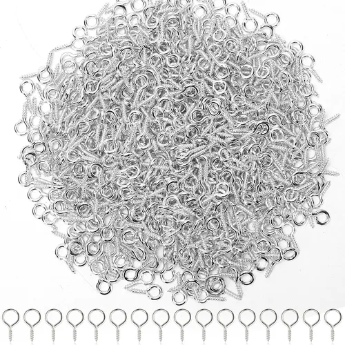 AUGSUN Tornillos de ojo, 500 piezas de pasadores de ojo de tornillo plateados de 10 x 5 mm, mini ganchos de ojo para manualidades, proyectos de