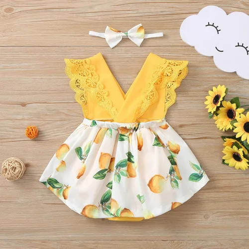 Miniatura 3 de Mameluco con estampado de manga mosca de encaje para niñas recién nacidas, conjunto de diadema para baile 2t (amarillo, 9-12 meses)