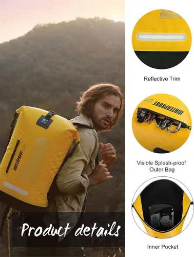 Miniatura 3 de IDRYBAG Mochila impermeable para hombres 5.28/7.93/10.57 galones, saco seco flotante para kayak, mochila seca para senderismo Amarillo