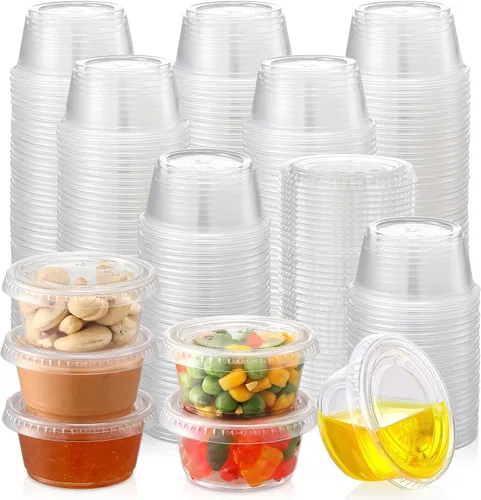 AOZITA 200 juegos – Vasos de gelatina de 2 onzas, tazas de porciones con tapas, recipientes de plástico pequeños herméticos y apilables