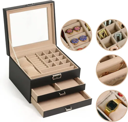 Miniatura 3 de Ogrmar Joyero de piel sintética de 3 niveles con cerradura para hombres y mujeres, vitrina y organizador con tapa de vidrio transparente