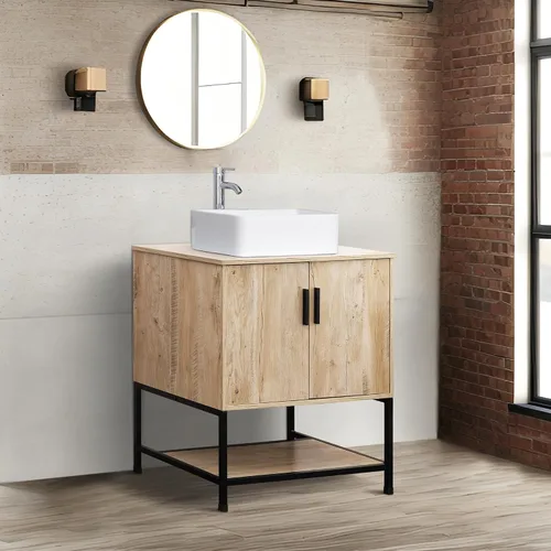 Miniatura 3 de UEV Mueble de baño de roble rústico de 30 pulgadas con fregadero, marco de hierro industrial con puertas y estante, con moderno combo de fregadero