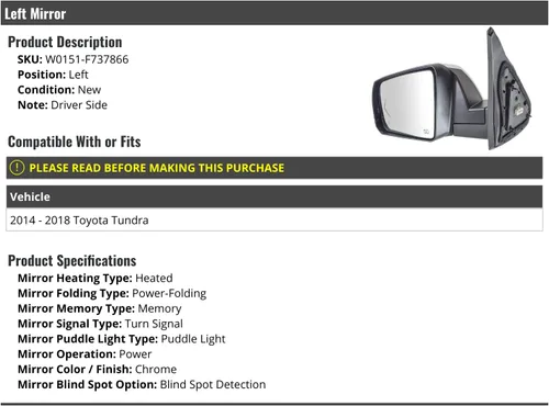 Marketplace Auto Parts Espejo eléctrico izquierdo del lado del conductor, tapa cromada, con vidrio calentado, memoria, plegado eléctrico, señal de