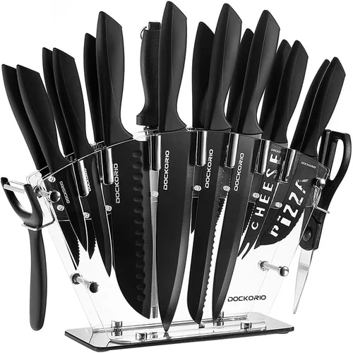 Juego de cuchillos de cocina con bloque, 19 piezas de acero inoxidable de alto carbono afilado incluye juego de cuchillos de carne dentados,