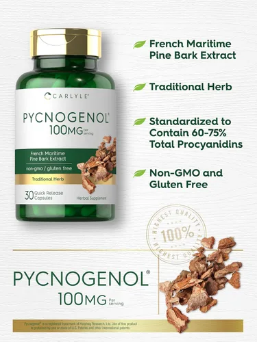 Miniatura 4 de Carlyle Pycnogenol 100mg 30 cápsulas Extracto de corteza de pino marítimo francés Pinus Pinaster Suplemento sin OMG y sin gluten