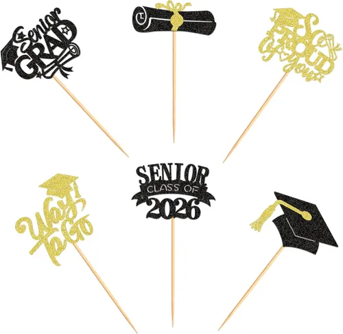 Miniatura 8 de Ercadio 36 piezas 2026 adornos para cupcakes con purpurina negra y dorada para graduación senior So Proud Of You Senior Class of 2026 Way to Go