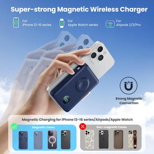 Miniatura 49 de Cargador portátil magnético de 10800 mAh para iPhone con cables integrados, cargador de batería inalámbrico 6 en 1 con cargador iWatch, pantalla LCD