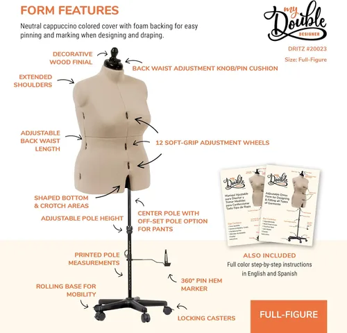 Miniatura 4 de Dritz My Double Designer Forma de Vestido Ajustable de Figura Completa, Tallas Femeninas US 20–24, Maniquí de Costura con Torso Corporal que se