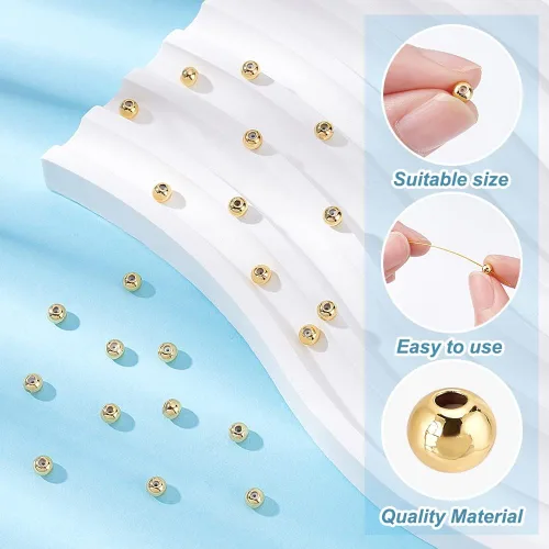Miniatura 4 de BENECREAT 80 cuentas redondas de latón chapado en oro de 18 quilates, cuentas de tapón dorado de 0.16 x 0.118 pulgadas, cuentas deslizantes con goma