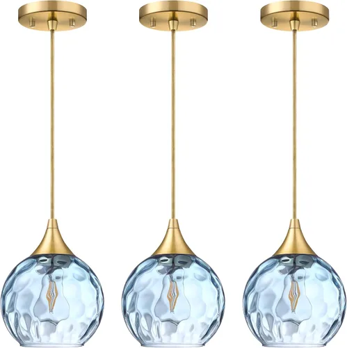 Miniatura 10 de Lámpara colgante de barra de vidrio azul con textura de 6.3 pulgadas, paquete de 3 lámparas colgantes de techo con acabado negro, moderna casa