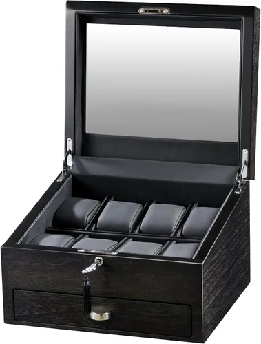 Miniatura 2 de Volta Caja de reloj marrón rústico para 8 con 2 compartimentos y cajón para joyas, Marrón (Rustic Brown), Rústico