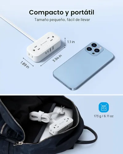 Miniatura 3 de TROND Regleta de alimentación de enchufe plano de 5 pies, cable de extensión plano pequeño con múltiples tomas, 4 puertos de CA y 4 puertos USB