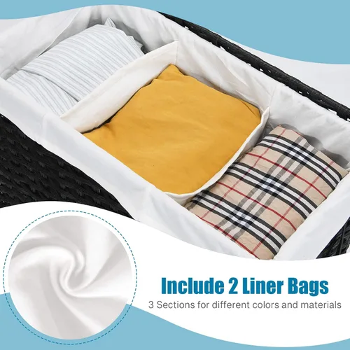 Miniatura 2 de GOFLAME Cesta de lavandería con tapa y ruedas, cesta de ratán tejida a mano de 125 litros con 3 secciones divididas, asas, 2 bolsas extraíbles