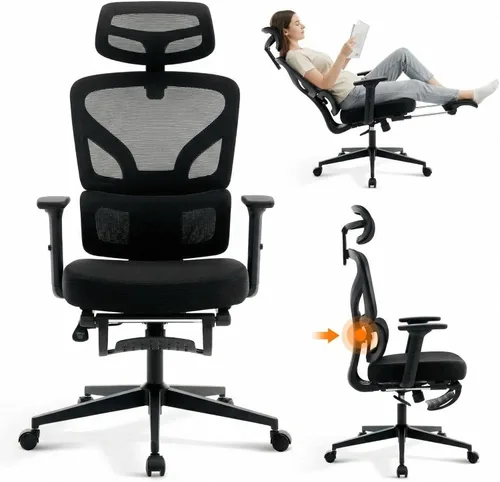 Miniatura 12 de Silla de oficina ergonómica con soporte lumbar ajustable, silla de escritorio de oficina en casa, cómoda silla de juegos de malla con reposabrazos