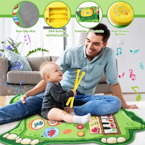 Miniatura 6 de Cyiecw Tapete musical de dinosaurio 3 en 1, tapete de piano para jugar, regalo para niñas de 1, 2 y 3 años, juguetes sensoriales de aprendizaje