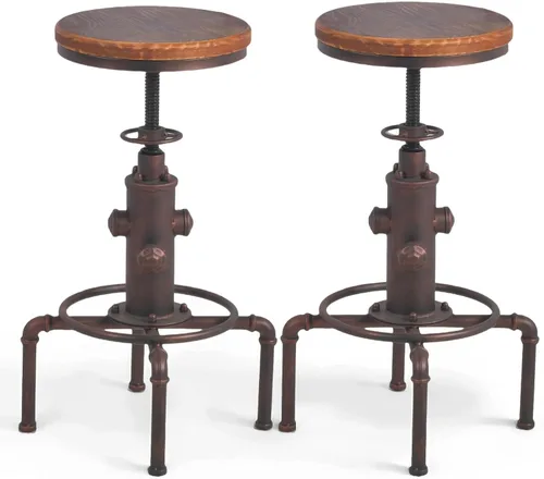 Miniatura 12 de Topower Taburete de bar industrial vintage antiguo de piel sintética, diseño de boca de incendios, café, café, industrial, juego de 2, bronce rojo