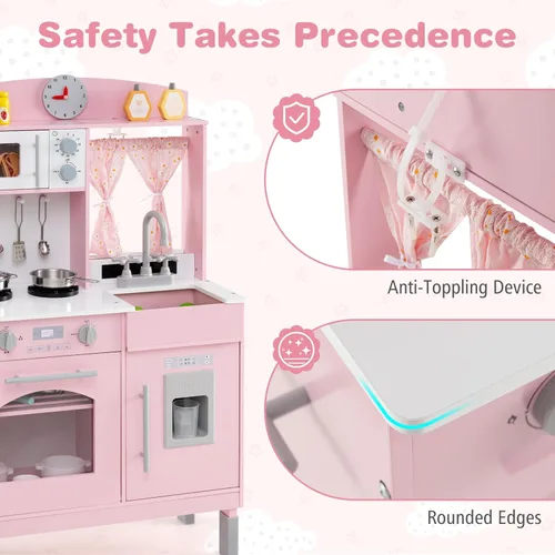 Miniatura 6 de Costzon Juego de Cocina para Niños, Juguetón de Madera de Pequeño Chef con 3 Alturas Ajustables, Barra de Toallas, Cortinas, Microondas, Estufas
