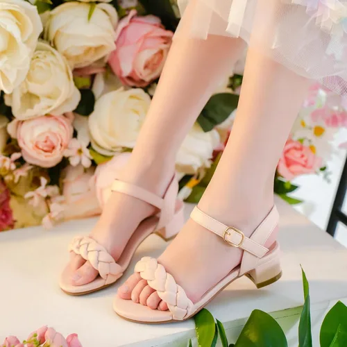 Miniatura 2 de Sandalias para niñas, tacones para niños, puntera abierta, correa al tobillo, zapatos de vestir, flores para boda, fiesta para niños pequeños