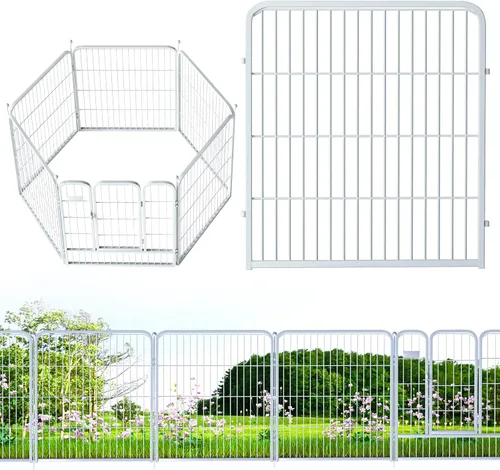 Miniatura 8 de Valla de jardín al aire libre con puerta, paquete de 6 unidades de 32 pulgadas de alto x 14 pies de largo, metal resistente, valla decorativa
