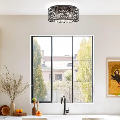 Miniatura 6 de Kira Home Brielle - Lámpara de techo moderna de 15 pulgadas, pantalla de metal geométrico glamorosa de 4 luces con cristales en cascada, acabado