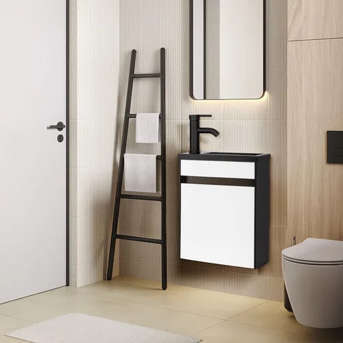 Miniatura 4 de UEV Tocador de baño pequeño de 16 pulgadas, mezclado en blanco y negro, montado en la pared con fregadero de cerámica y grifo negro esmerilado P-Trap