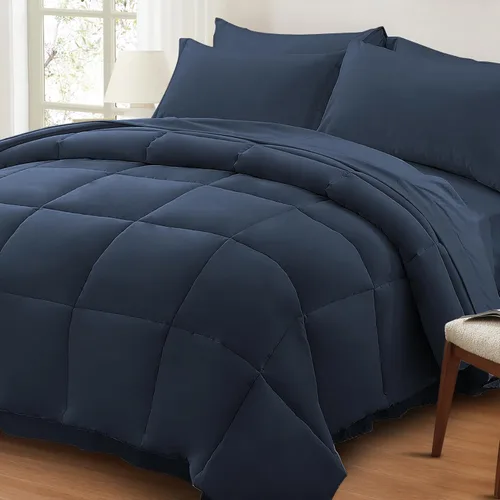 Anluoer - Juego de cama tamaño Queen en una bolsa, 7 piezas, color azul marino, con edredón y sábanas, juego de cama para todas las estaciones con 1