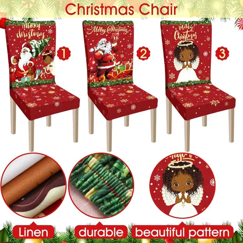 Miniatura 5 de Ganeen 6 piezas de fundas para sillas navideñas, funda para respaldo de silla de Navidad, funda elástica para asiento de Navidad lavable, protector