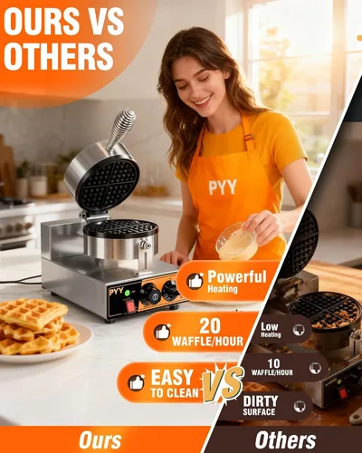 Miniatura 7 de PYY Gofrera Comercial - Plancha de Gofres Antiadherente de 1300W, Máquina de Gofres Belga Redonda de Acero Inoxidable 20Pcs/H, Control de Tiempo