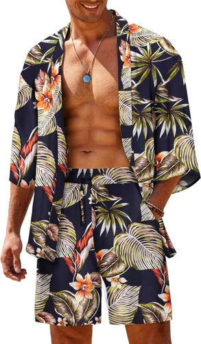 COOFANDY Conjunto de 2 piezas de chaqueta tipo kimono ligero para hombre, camisa hawaiana para la playa con pantalones cortos
