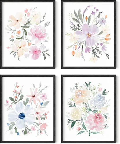 Miniatura 20 de HAUS AND HUES Arte de pared floral gris, juego de 4 pósteres de plantas para pared vintage, impresiones botánicas, cuadros de flores en blanco