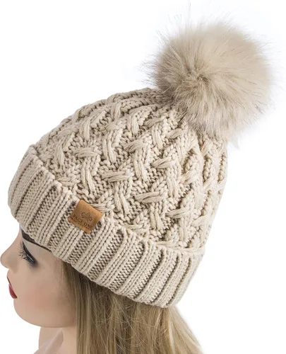 Miniatura 3 de PAGE ONE - Gorro de invierno para mujer, acanalado, de punto trenzado grueso, cálido y suave, con pompón