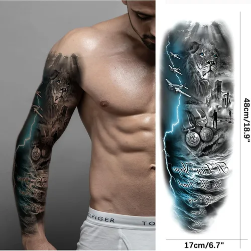 Miniatura 5 de Manga de Tatuaje Temporal de León y Leopardo para Hombres y Mujeres, Manga Completa Grande de Bosque Negro Lobo Tribal, Tatuajes Falsos de Duración