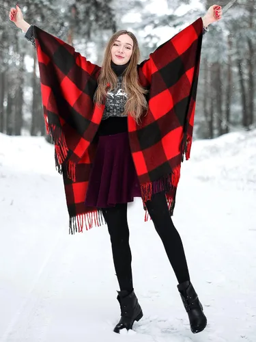Miniatura 7 de Woven Knit Buffalo Plaid Poncho Blanket Sweater Poncho Ruana Wrap Shawl Warm for Women