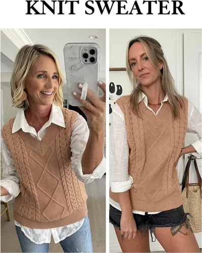 Miniatura 4 de NALANISA Suéter sin mangas con cuello en V para mujer, de gran tamaño, casual, holgado, de punto trenzado, sin botones, para otoño e invierno