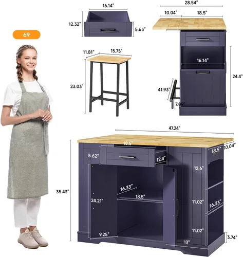 Miniatura 2 de ONBRILL Islas de Cocina Estacionarias Incluyen 2 Sillas, Isla de Cocina de 47" con Hoja Abatible, Mesa de Bar para el Hogar con Estante de Especias