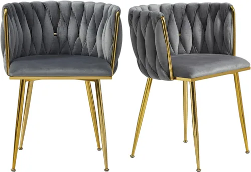 Miniatura 15 de Juego de 2 sillas de comedor de terciopelo, modernas sillas de comedor tapizadas con patas de metal dorado y respaldo tejido para comedor, cocina